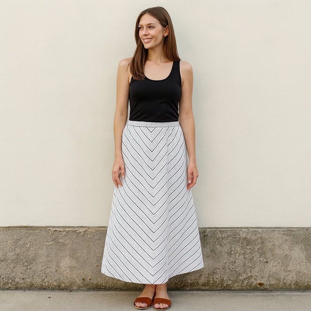 For Cynthia Blue White Linen Blend Striped Maxi Skirt Boho Beach Elastic Waist L